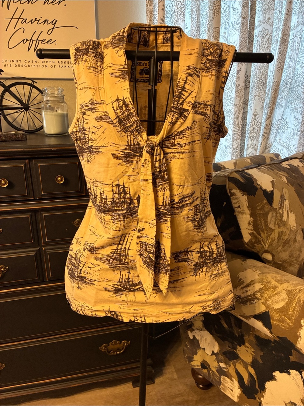 Effie's Heart Light Tan Nautical Tie-Neck Sleeveless Blouse